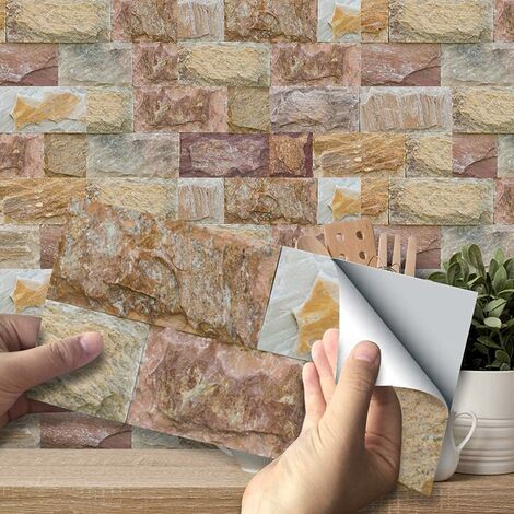 Carrelage Adhesif Mural Autocollant Etanche Carreau Ciment 3D Stickers en PVC pour Cuisine, Salle de Bain, Salon 20 10CM 27PCS Marbrure Marron