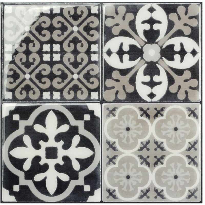 Smart Tiles - Carrelage adhésif mural x4, 22.86 x 22.86cm Vintage Arezzo noir/blanc, sticker tuile effet carreaux de ciment - Salle de bain, cuisine