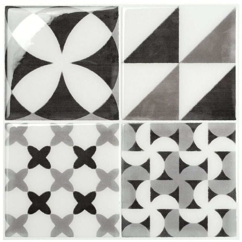 Smart Tiles - Carrelage adhésif mural x4, 22.86 x 22.86cm Vintage Roma noir/blanc, sticker tuile effet carreaux de ciment - Salle de bain, cuisine