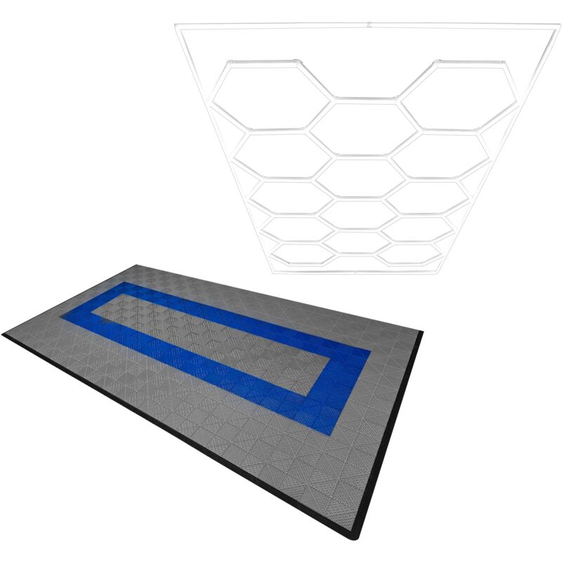 Carrelage de Sol Ventilé Modulaire Imbriqué Lot de 90 Gris & 30 Bleu Avec Bordure & 14 Lampes Hexagones Lumière Blanche 6500K 3 Choix de Montage &