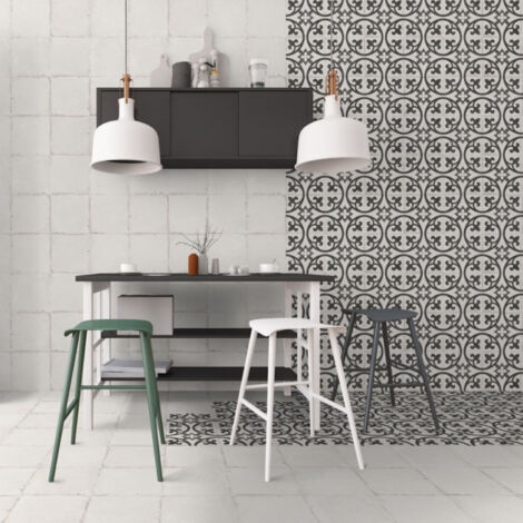 Carrelage effet carreau ciment vieilli CHEZ COCO FLORAL 25x25cm 25x25cm Noir et Blanc - Mat - boîte de 1.13 m2 25x25 cm Noir et Blanc - Mat - boîte d