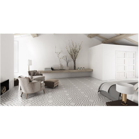 Carrelage effet carreau de ciment ENCAUSTIC 2.0 WHITE DECOR LAPPATO 30x30cm 30x30cm Noir et Blanc - Semi-Poli / Lappato - boîte de 1.15 30x30 cm Noir