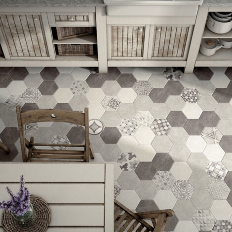 Carreau hexagonal grès cérame effet pierre 20x17,5 cm – Finition mat – Décor Garden Sand – Utilisation sol et mur intérieur – Equipe