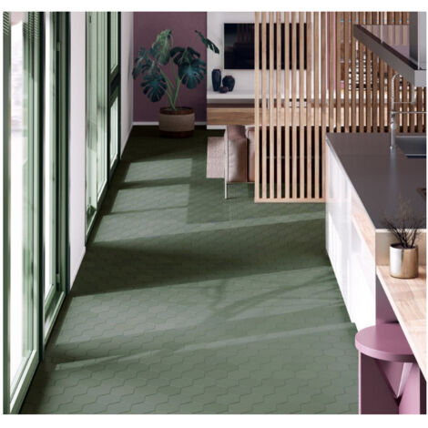 Carrelage grès cérame effet graphique hexagonal 11,6x10,1 cm vert foncé – Finition mat – Application sol et mur – Boîte de 0,44 m2 – Equipe
