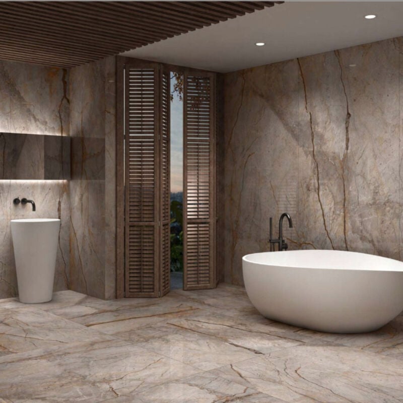 Carrelage grès cérame effet marbre wild forest 120x120 cm Greige (gris/beige) - Brillant / Poli - boîte de 1.44 m2 - Gioia Materia