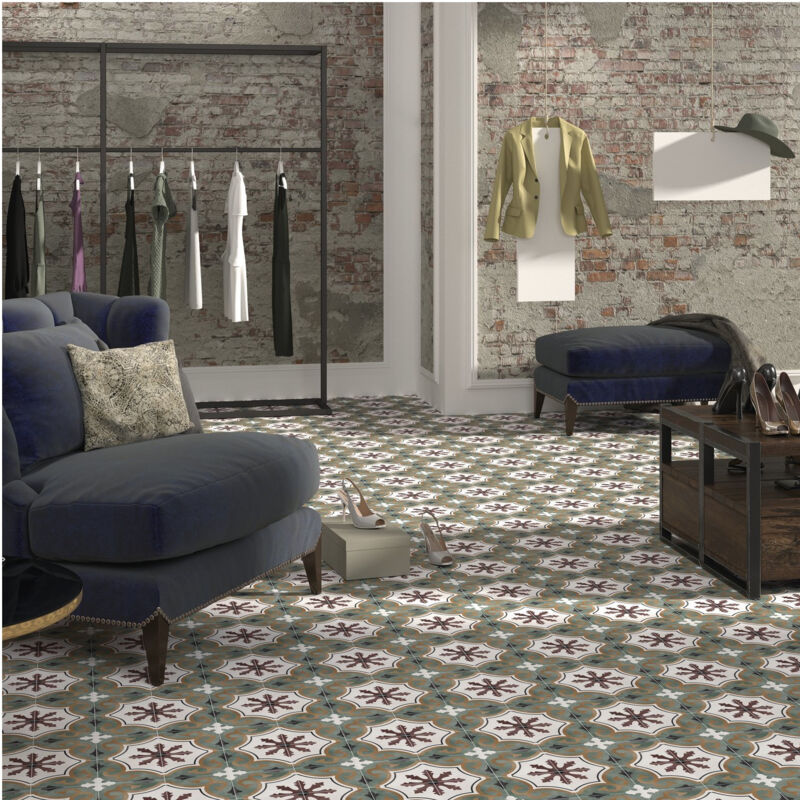 Carrelage grès cérame effet carreau de ciment CARNAVAL 15x15 cm Vert - - boîte de 0.50 m2 - Gioia Materia