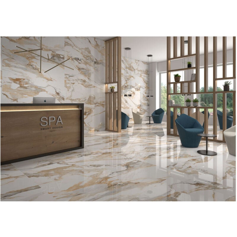 Carrelage grès cérame effet marbre crash 60x30 cm Doré - Brillant / Poli - boîte de 1.08 m2 Gioia Materia
