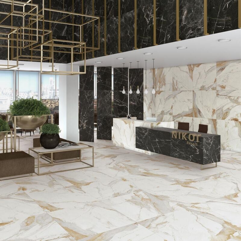 Carrelage grès cérame effet marbre dorato 120x120 cm Beige - Brillant / Poli - boîte de 1.42 m2 Gioia Materia