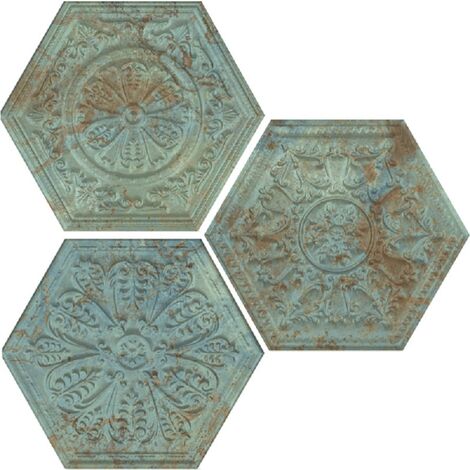 Carrelage hexagonal aspect métal décoré ZINC GREEN MIX DECOR 25x30 cm - 0.935m²