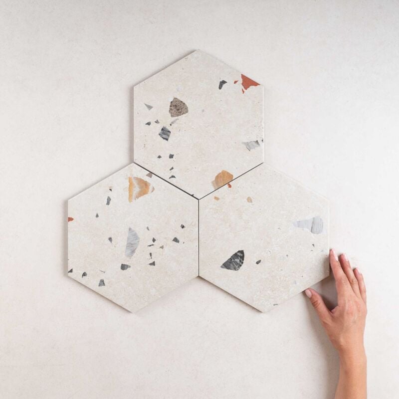 Carrelage Hexagonal Effet Terrazzo sonar Marfil 22x25 (1,04m²) - Les Carreaux de Jean