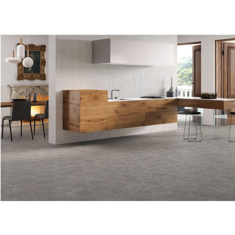 Carrelage grès cérame effet terrazzo Wind Hexagone 29x25 cm Gris Foncé, Anthracite - Naturel - boîte de 0.94 m2 - Gioia Materia