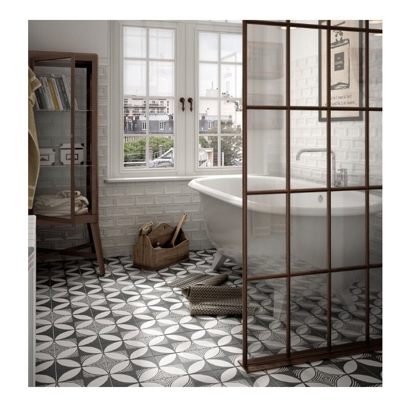 Carrelage grès cérame effet carreau de ciment CAPRICE DECO B&W COMPASS 20x20cm 20x20 cm Noir et Blanc - Mat - boîte de 1 m2 - Gioia Materia