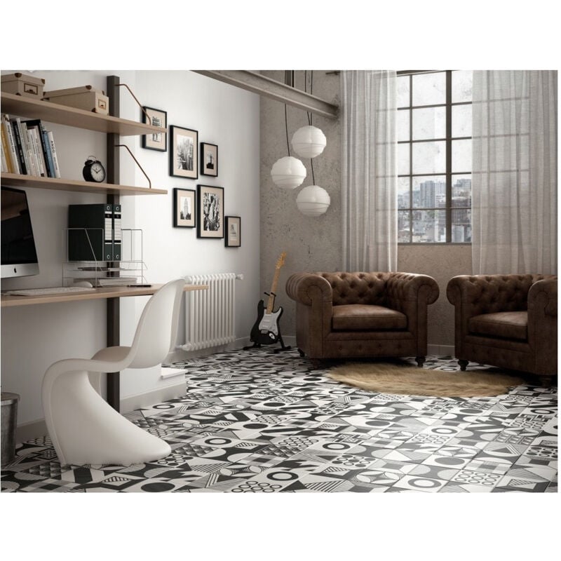 Carrelage grès cérame effet carreau de ciment caprice deco b&w patchwork 20x20cm 20x20 cm Noir et Blanc - Mat - boîte de 1 m2 - Gioia Materia