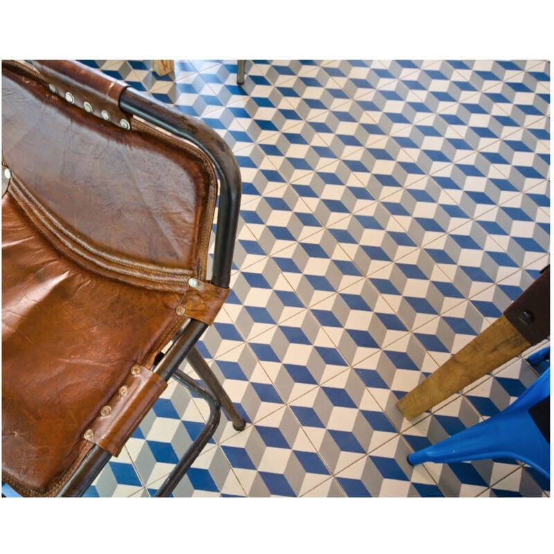 Carrelage grès cérame effet carreau de ciment motif cube 3D 1900 güell 1 20x20cm 20x20 cm Bleu - Satiné - boîte de 1 m2 - Gioia Materia