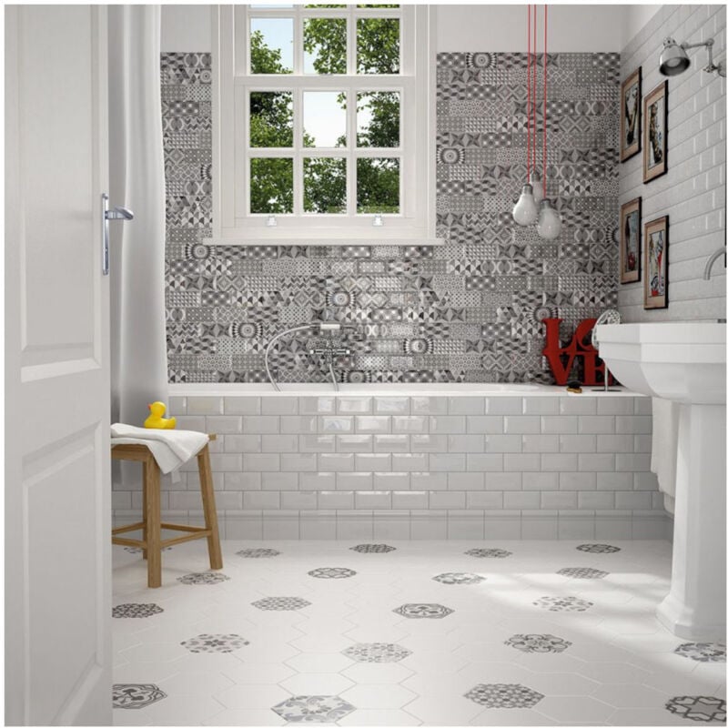 Carrelage mural faïence effet graphique metro patchwork 15x7,5cm 15x7,5 cm Décor Noir et Blanc - Brillant / Poli - boîte de 0.50 m2 - Gioia Materia