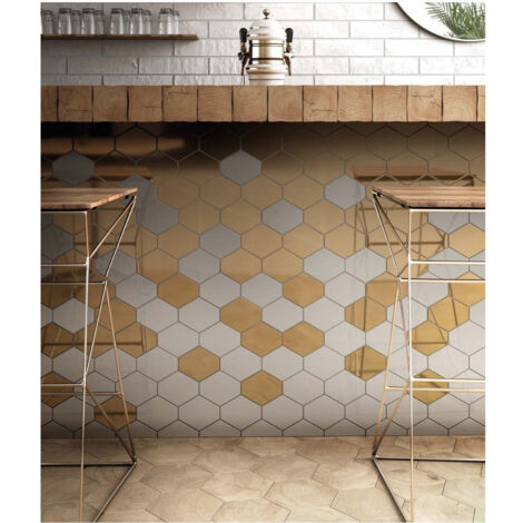 Carrelage mural faïence Scale Benzene (10 couleurs). hexagone déformé 12.4x10.8cm Hexagone déformé 12.4x10.8cm Blanc - Brillant - boîte de 0.  edece