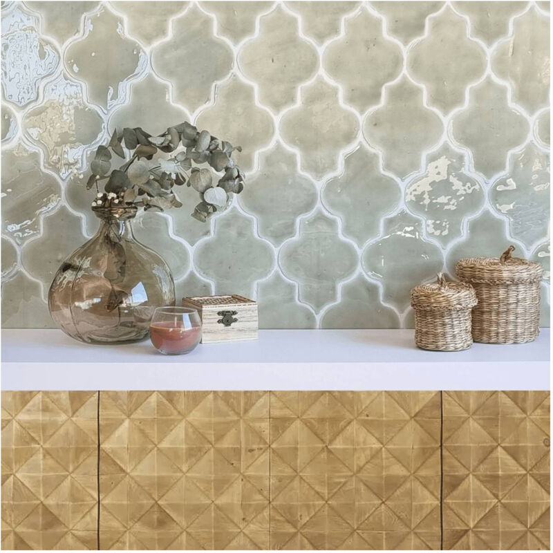 Carrelage mural terre cuite émaillée manuelle artisanale Arabesque 15x11,5cm Arabesque / Lanterne 15x11,5 cm Blanc - Satiné - boîte de 0.89 m2 - Gioi