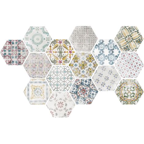 Carrelage sol hexagonal Acuarela décor mix 12,4x10,6 cm – Grès cérame émaillé – Pour espaces intérieurs modernes – Résistant et facile d'entretien