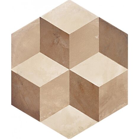 Carrelage sol / mur hexagonal effet ciment motif cube géométrique 25x21,6 cm TERRA CUBO HEXAGONAL BEIGE (vendu par boite de 1,17m2)