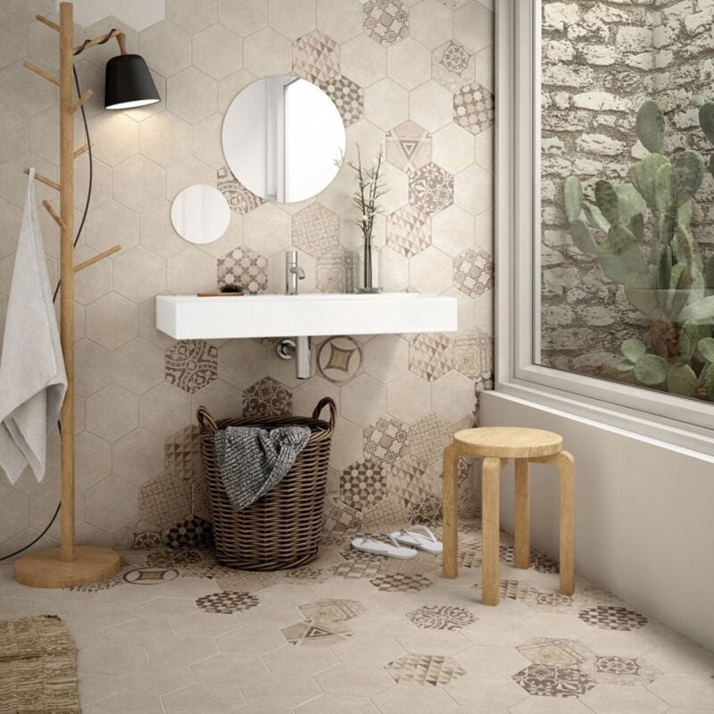 Carrelage grès cérame effet ciment hexatile cement hexagone 20x17,5cm Hexagone 20x17,5 cm Crème - Sable - Mat - boîte de 0.71 m2 - Gioia Materia