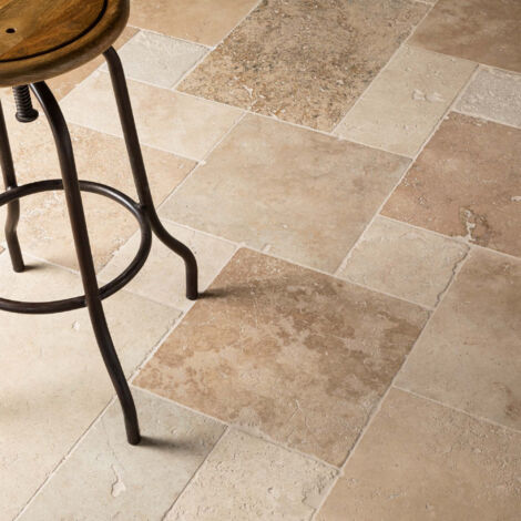 Carrelage travertin 2nd choix 4x1,2 cm – Beige mix – Surface 0,74 m² par paquet – Pour espaces intérieurs et extérieurs