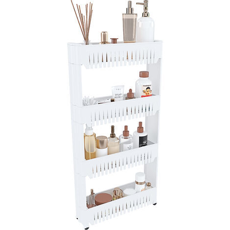 Carrellino con 4 Ripiani Salvaspazio Scaffale Portaoggetti Per Cucina Soggiorno Bagno Portaoggetti Con Rotelle 54 x 12,5 x 72 cm Colore Bianco