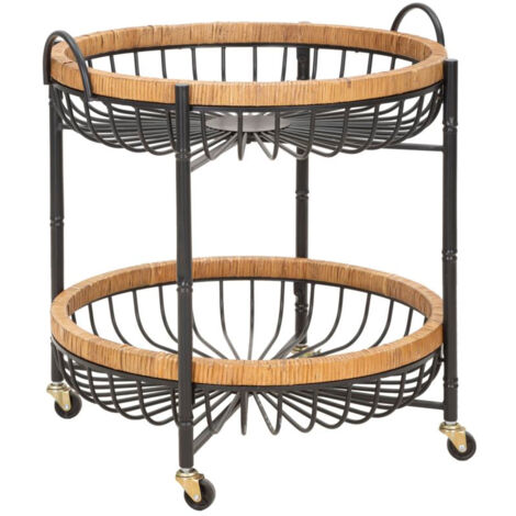 Carrello 2 Ripiani 57x55,5x62,5 cm con Ruote in Metallo e Rattan