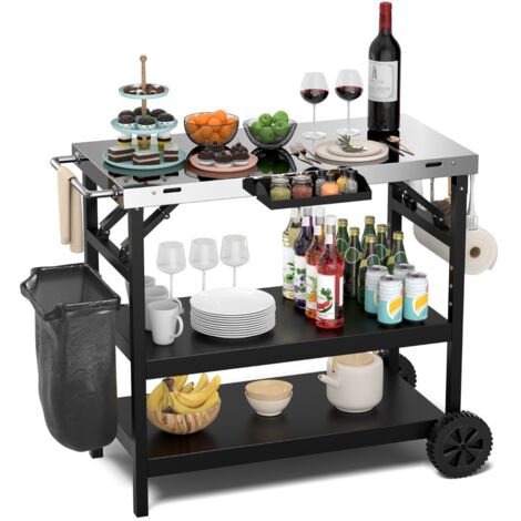 Carrello barbecue con 3 ripiani supporto reggi cellulare e portasciugamani Nero