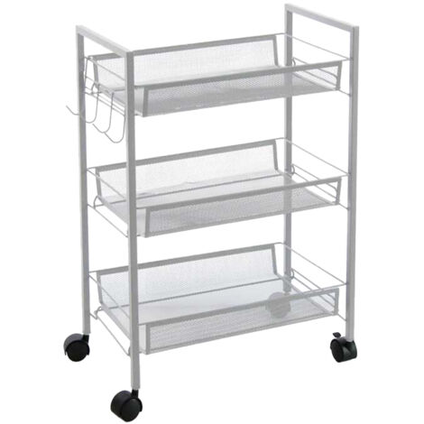 CARRELLO BIANCO DA CUCINA PORTAFRUTTA 45X27X63H CM STRUTTURA IN METALLO CON 3 RIPIANI + ROTELLE E APPENDI STROFINACCIO