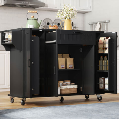 Carrello Cucina 120x45(70)x95 cm, con Tavolo Allungabile, 4 Ante, Cassetto, Portaspezie e Asciugamani, MDF, Nero