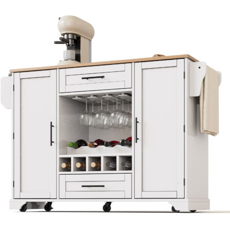 Carrello cucina 138x45x92cm, piano estensibile, porta vini, cassetti screvoli, porta salviette e scaffali laterali, MDF bianco