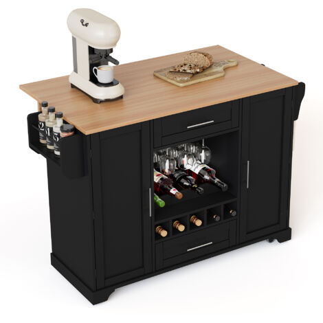 Carrello cucina 138x45x92cm, piano estensibile, ripiani regolabili, porta bottiglie e porta strofinacci, MDF nero per sala da pranzo