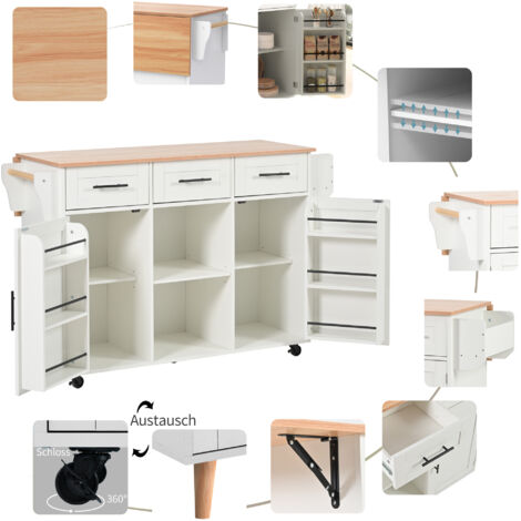 Carrello cucina 139x46(71)x91.5 cm bianco, piano pieghevole, ruote, contenitore, multifunzione