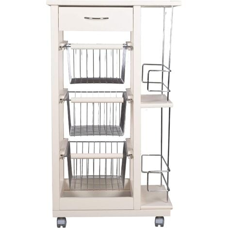 CARRELLO CUCINA IN LEGNO CON CASSETTI RUOTE SALVASPAZIO PORTAPANE PORTAFRUTTA Bianco