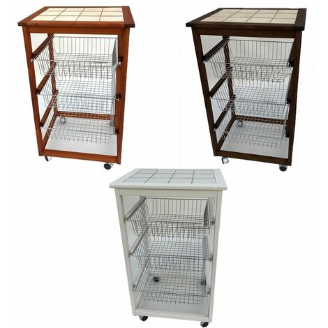 Carrello cucina in legno per porta frutta verdura 3 cestini acciaio e ripiano ma - colorigenerali: BIANCO