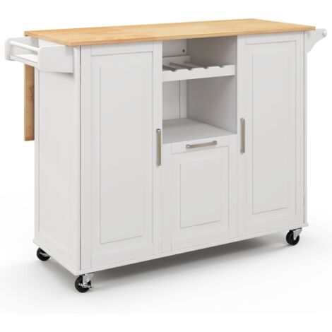 Carrello cucina isola con piano ribaltabile e 4 ruote girevoli, Isola cucina con cassetto profondo portabottiglie Bianco