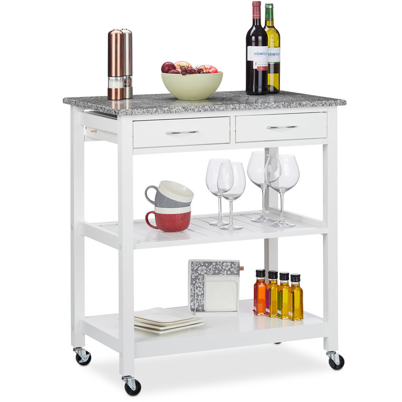 Carrello Cucina, Mobile Penisola Moderno, Stile Rustico, 2 Ripiani, 2 Cassetto, hlp 87x78x48,5cm, bianco - Relaxdays