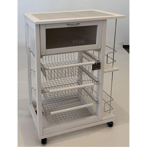CARRELLO CUCINA SALVASPAZIO IN LEGNO CASSETTI CON RUOTE PORTAPANE PORTAFRUTTA Bianco