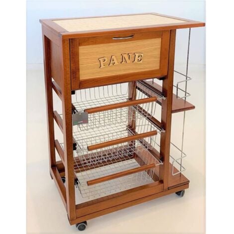 CARRELLO CUCINA SALVASPAZIO IN LEGNO CASSETTI CON RUOTE PORTAPANE PORTAFRUTTA Ciliegio