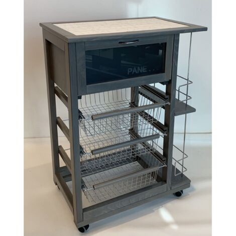 CARRELLO CUCINA SALVASPAZIO IN LEGNO CASSETTI CON RUOTE PORTAPANE PORTAFRUTTA Grigio