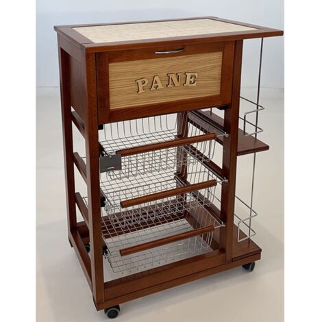 CARRELLO CUCINA SALVASPAZIO IN LEGNO CASSETTI CON RUOTE PORTAPANE PORTAFRUTTA Noce