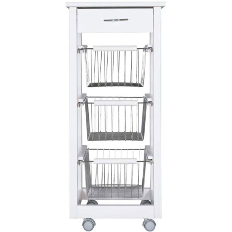 Carrello Cucina SALVASPAZIO in Legno di FAGGIO con CASSETTO E CESTI CONTENITORI 4 Ruote GIREVOLI PORTAPANE PORTAFRUTTA Bianco