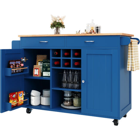 Carrello da cucina 102x45x92 cm, Isola da cucina con 2 cassetti, 2 ante, portabottiglie, multifunzionale, MDF, blu