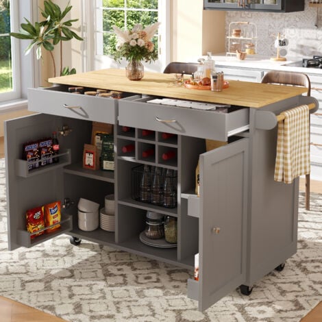 MODFU Carrello da cucina 102x45x92cm con 2 cassetti 2 ante, credenza buffet madie, con portasciugamani, piano tavolo colore naturale, MDF, grigio