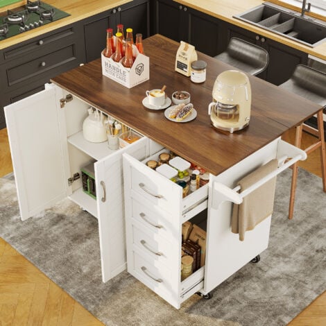 Carrello da cucina 107x40x93cm mobile cucina, ripiani regolabili, credenza buffet madie, piano tavolo venature legno, MDF, bianco + naturale