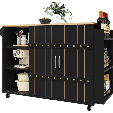 Carrello da Cucina 110x42x90 cm, con 3 Cassetti e Portapanno, Ripiani Regolabili, Realizzato in MDF, Nero, per Cucina