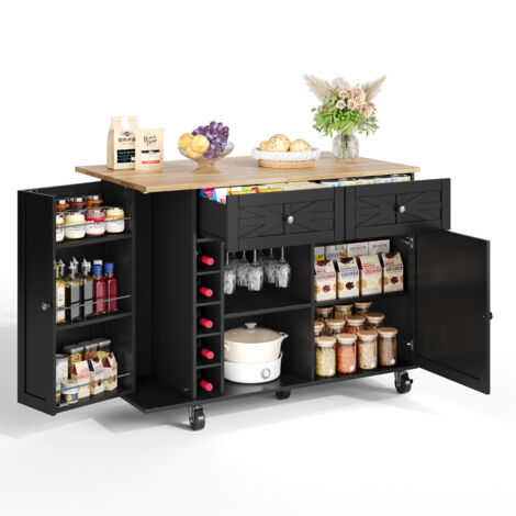 Carrello da cucina 120x70x89cm, porta bottiglie e portabicchieri, con ruote mobili, ampia capacità, MDF nero per cucina