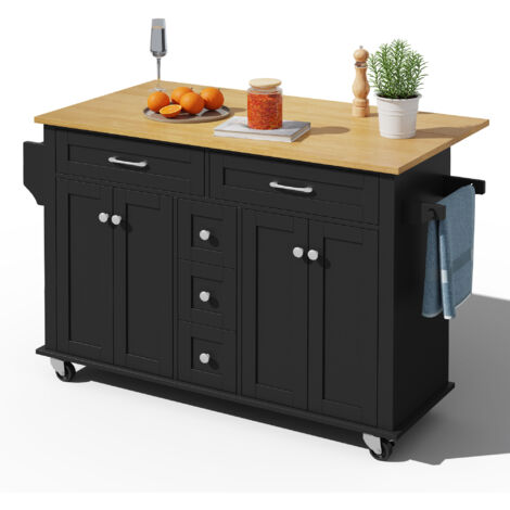 Carrello da Cucina 140x65x89 cm, 5 Cassetti, 2 Sportelli, Piano Laterale Richiudibile, MDF, Nero, Per Ristorante e cucina