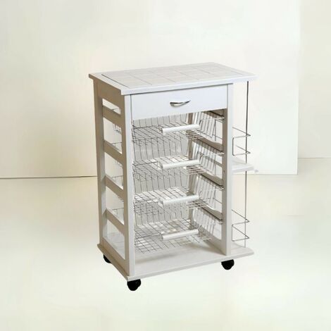 Carrello da cucina 4 cestini estraibili con ripiani porta bottiglie ed un cassetto Vesuvio colore bianco