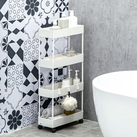 Carrello da cucina 40x19x90cm capacità multipla ganci removibili ruote con freno salvaspazio bianco acciaio